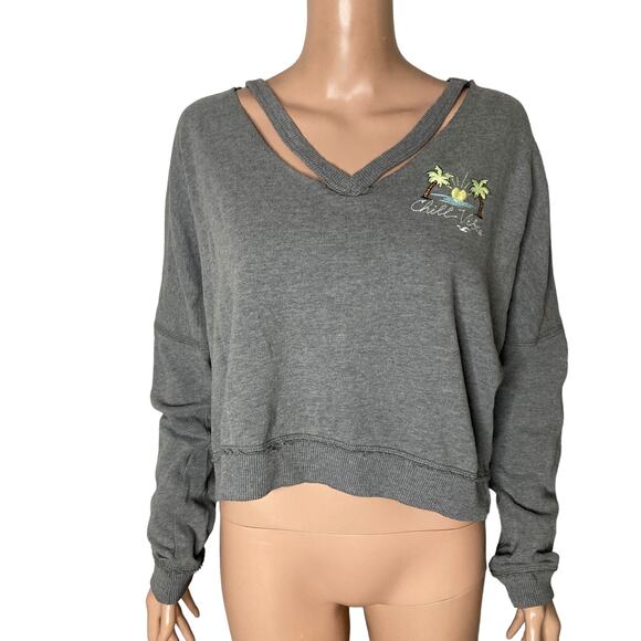 Hollister Sweatshirt Womens L Gray Cut Out Embroidered Chill Vibes Palms - Picture 1 of 11